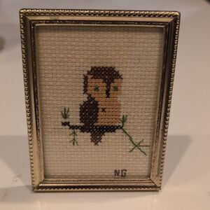 Handcrafted Owl Cross-Stitch in Gold Frame Vintage